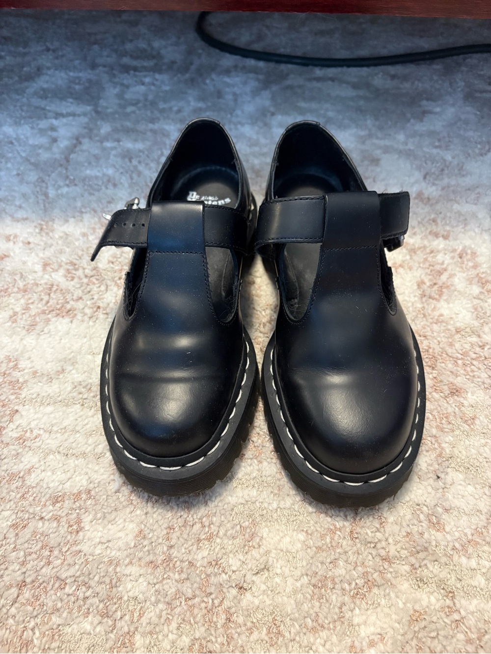Dr. Martens Black Mary Jane Shoes with White Stitching